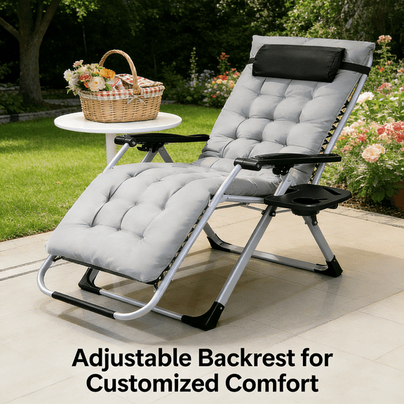 Portable Zero Gravity Folding Recliner, Outdoor Patio Camping Lounge Chair with Removable Cushion & Cup Holder Tray, Comfortable Reclining Chair for Indoor Outdoor Relaxation, Gray