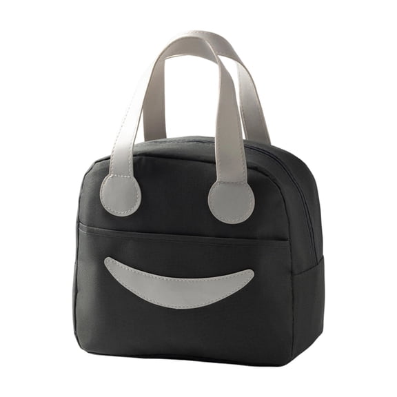 Portable Zipper Lunch Bag Cute Smiley Handheld Lunch Box Organizer for Work School Picnic and Travel Insulated Bento Tote Carrying Bag for Office Workers Students Grey