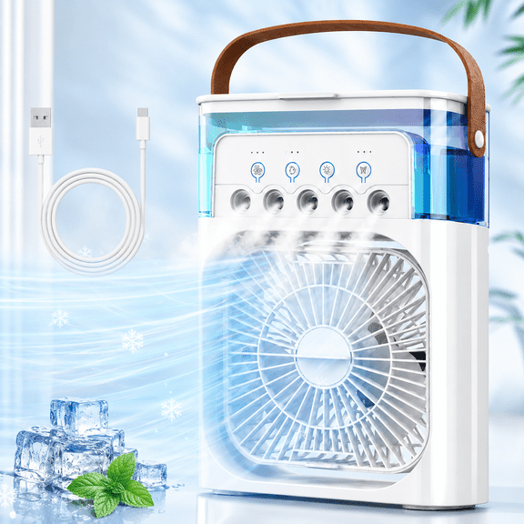 Portable air Conditioners, Personal Cooling Fan with 180 Oscillation, 3 Wind Speed & 5 Sprays, 2/4/6/8H Timer, Multi-Color Light, 3 in 1 Personal Small Mini Air Conditioner Air Cooler for Room