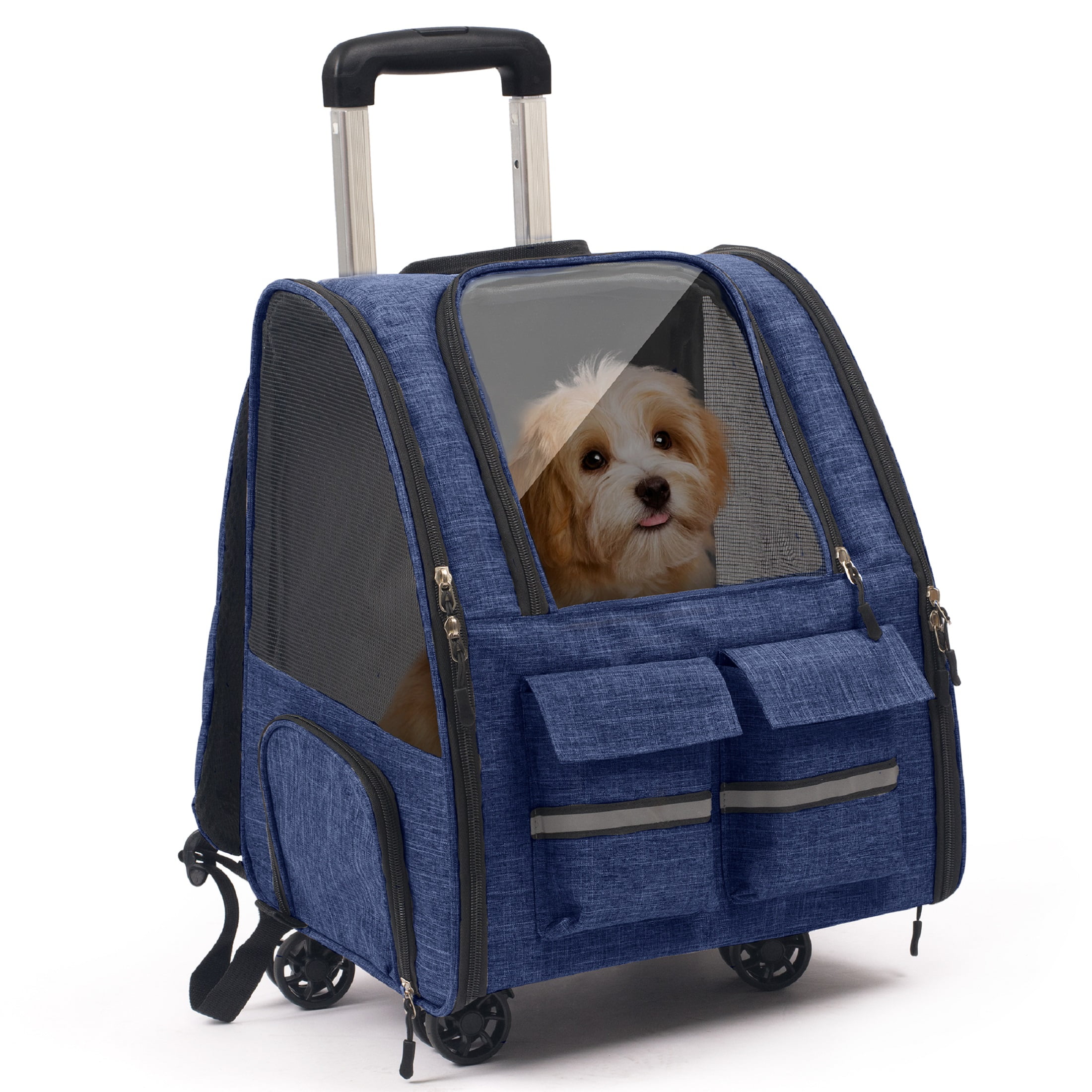 Portable and Breathable Pet Trolley Case Large Capacity Pet Air Case Going Out Dog Cat Suitcase, Blue