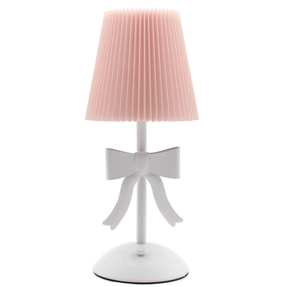 OneDesign Home Portable and Rechargeable Touch Lamp with Pink Fabric Pleated Shade and White Bow Detail: (Includes LED Light Bulb)