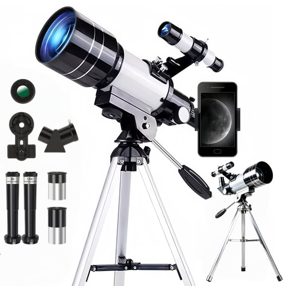 Portable astronomical telescope, 70mm objective lens, 15-150x zoom kit, adjustable height tripod, with mobile phone holder, easy to install, is an ideal gift for astronomy enthusiasts.