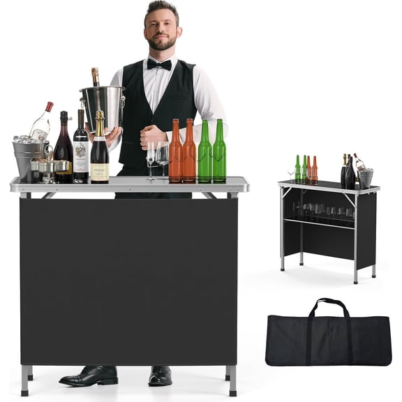 Portable bar table with double-layer shelves, suitable for events, parties, camping, picnics, exhibitions, indoor use, etc., with black skirt, length 39inch x height 34inch