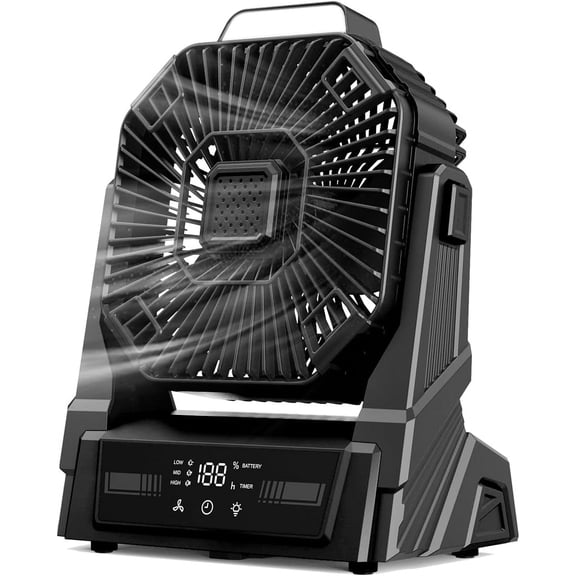 Portable camping fan with light, rechargeable battery-powered fan, battery-operated outdoor beach tent fan, featuring 4 speed settings and a hook, fan for camping accessories