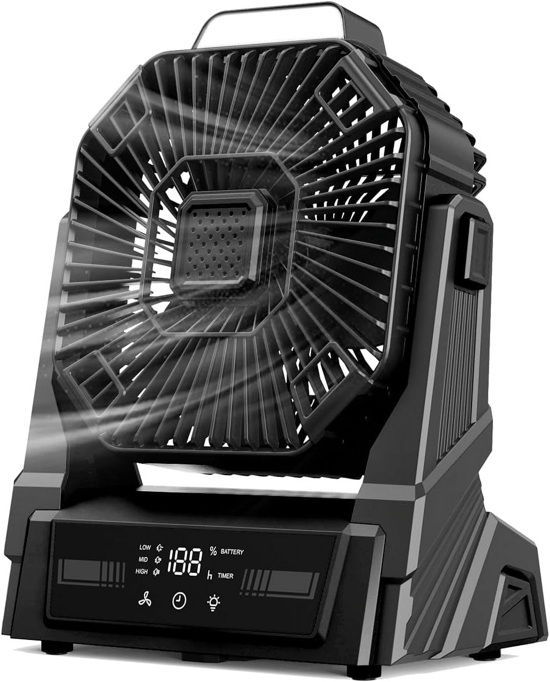 Portable camping fan with light, powered by a 20,000mah rechargeable battery
