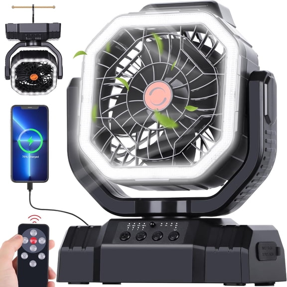Portable camping rechargeable fan, with remote control, battery-powered, automatic oscillation, comes with essential camping accessories, suitable for outdoor use, beach, yard, tent