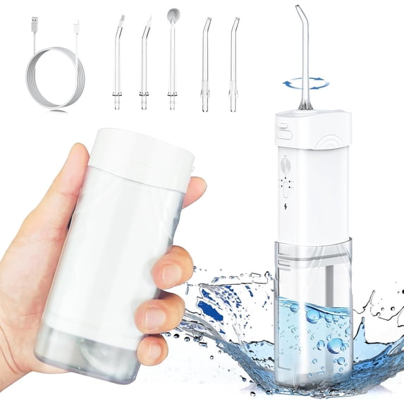 Portable cordless water flosser, travel size foldable storage 5 modes, 200ml telescopic water floss cleaning device, 7 waterproof rechargeable, 5 nozzles 360 degree rotation (white)