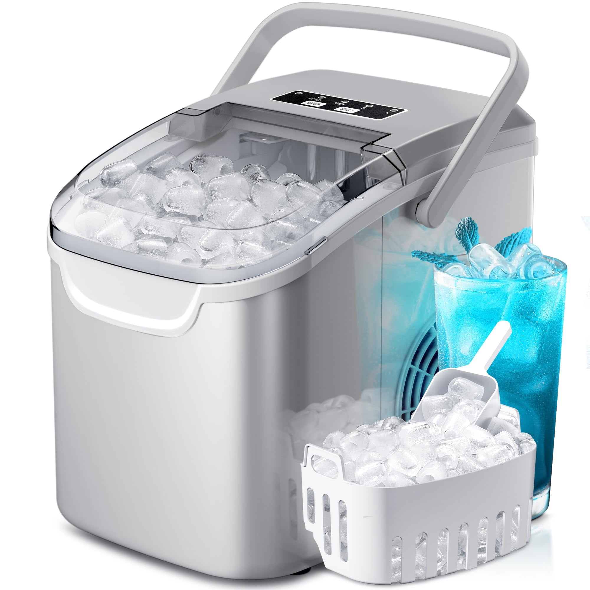 Portable countertop ice maker machine,8 bullet shaped ice cubes ready in 6 minutes,26lbs per 24 hours,self cleaning function with ice scoop and basket,compact design for home kitchen party, grey