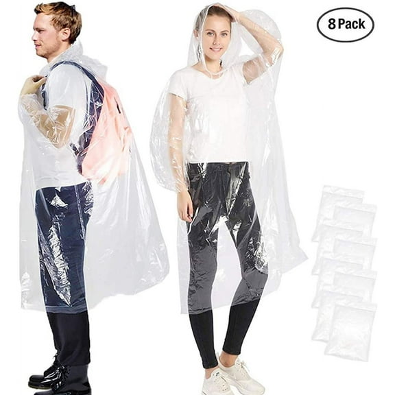 Portable disposable raincoat clear and transparent, rain poncho with hood and sleeves rain cover for adults (8-pack transparent)