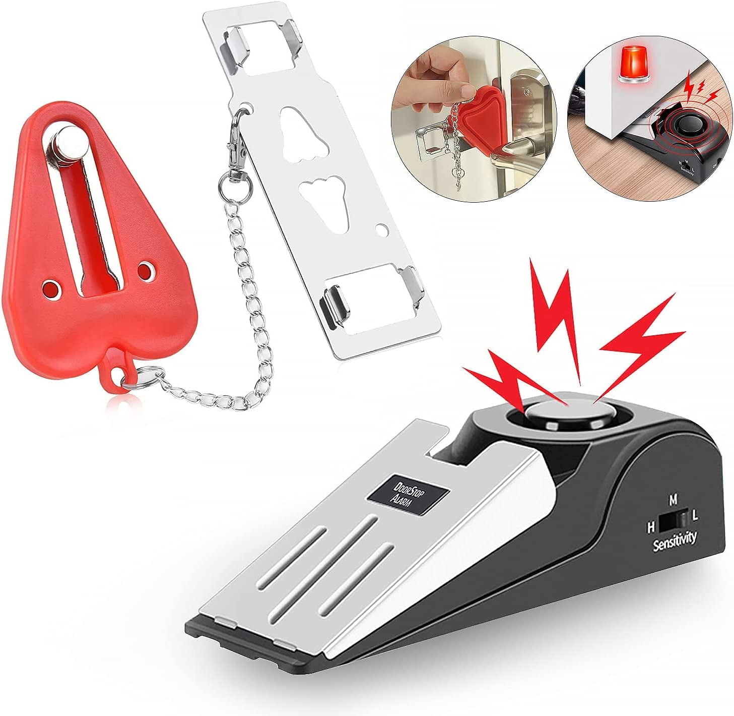 Portable Door Lock & Door Stop Alarm,Dual Protection Security Devices Pocket Door Stopper Self Defensey Tools for Hotel Travel Home Apartment se, Red/Black