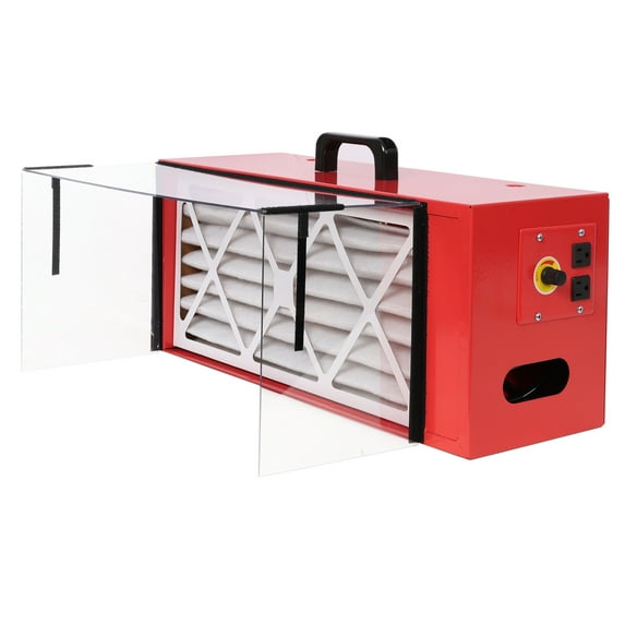 Portable dust collector, Air Flow 725CFM; Each fan runs on a 110V variable speed motor; Total Running Amps 1.29AMPS, Red color