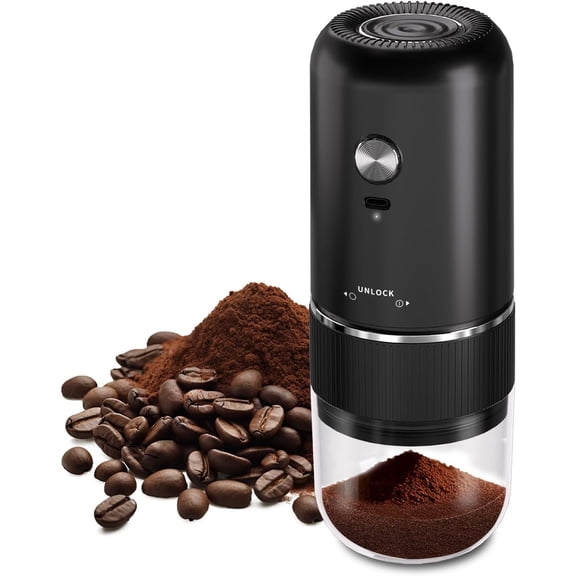 Portable electric coffee grinder, USB Type, C, Adjustable coarse to fine grind, for beans and grains, Includes cleaning brush and cable (black)