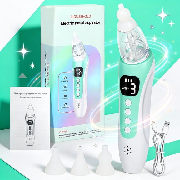 Portable electric nasal cleaner with 3 adjustable suction levels, 400mAh lithium battery, featuring music and lighting design. A family-friendly nasal cleaner that quickly removes nasal