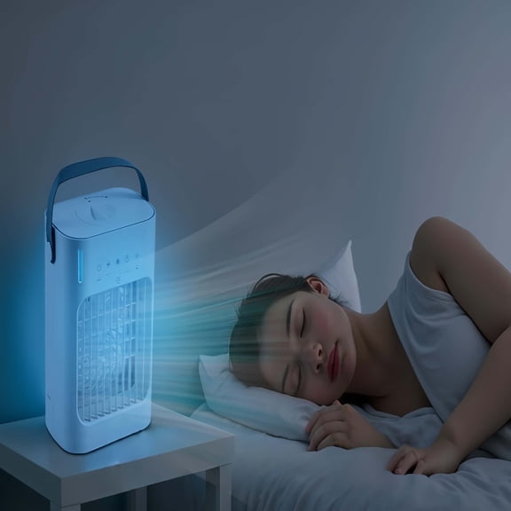 Portable fan, four-in-one evaporative air cooler, automatic shutdown function, low noise, durable, three-speed settings, suitable for offices and camping.