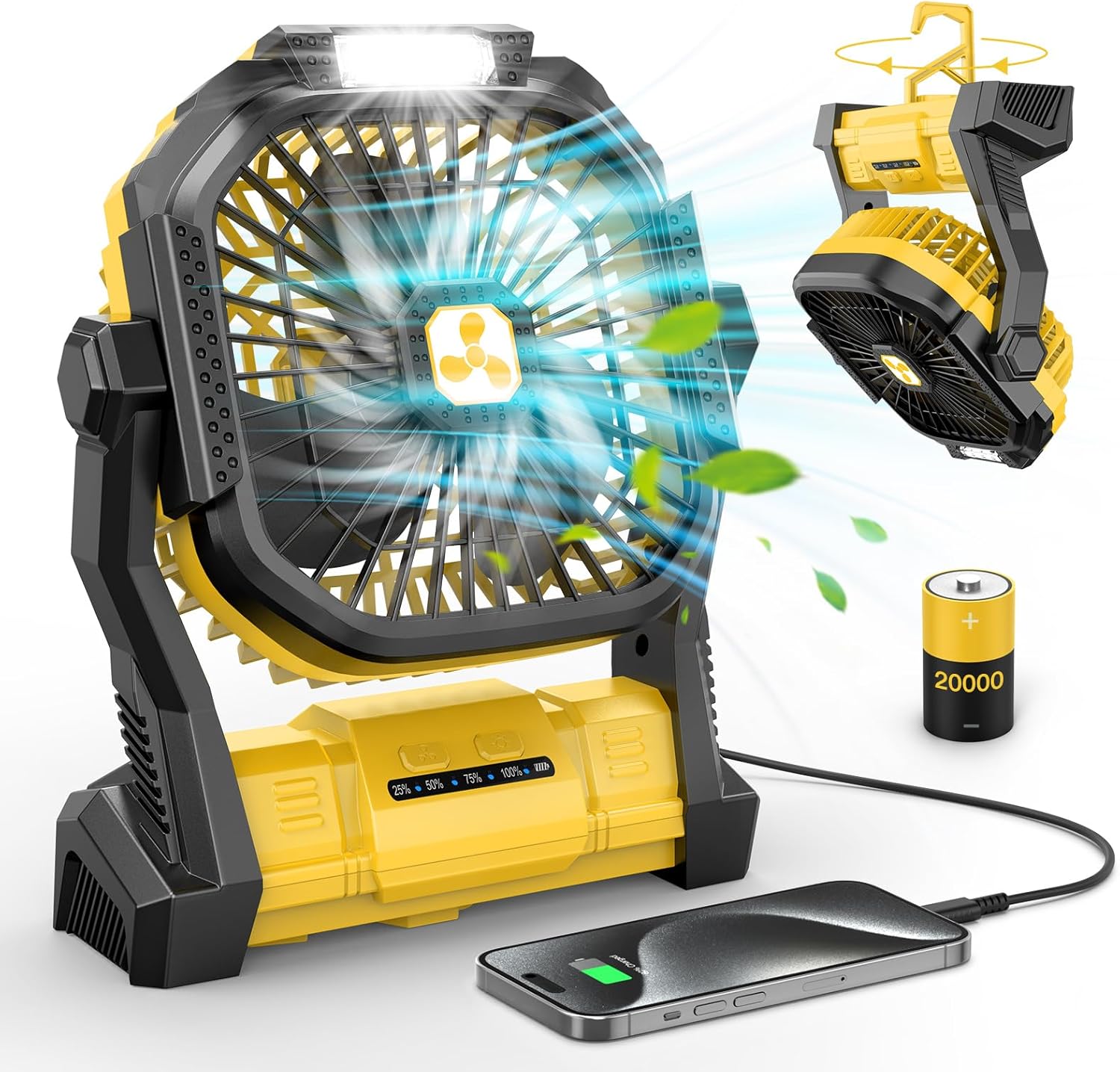 Portable fan, rechargeable, 20,000mah cordless battery-powered fan, LED light, USB C battery-powered
