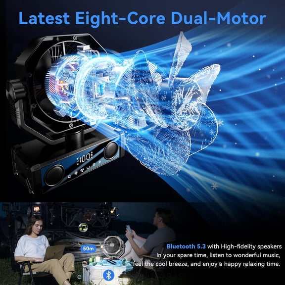 Portable fan rechargeable with 5.3 Bluetooth Speaker, 25000mAh Camping Fan with 5 Speed Touch Control & 3-Mode LED Light, Remote, USB/Type-C Ports, 1-8H Timer for Party, Travel, BBQ, Indoor, Outages