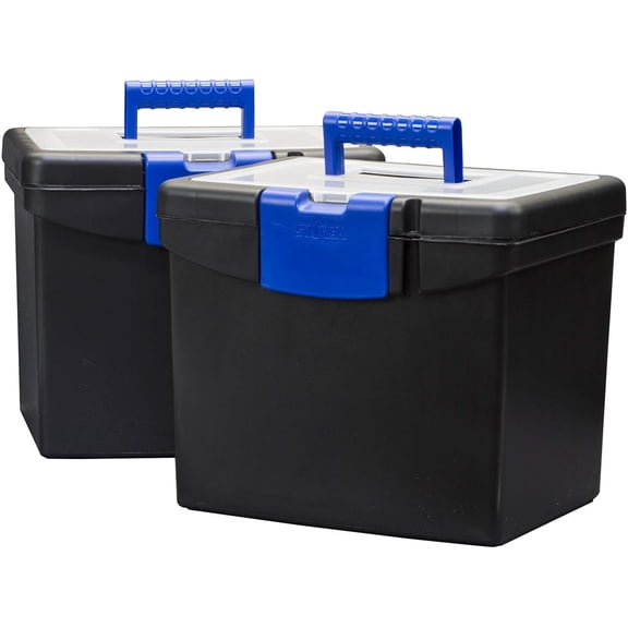 Portable file box with lockable extra-large capacity storage lid and handle, black/blue, 10.9 x 11 x 13.25inch cm, 2-piece set