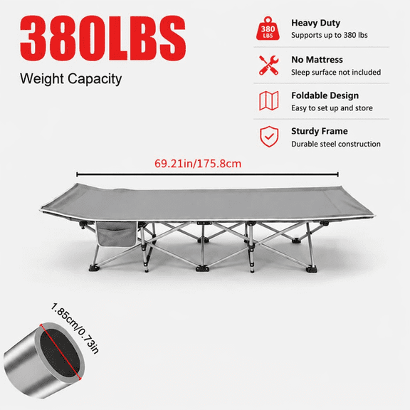 Portable folding outdoor bed with thick mattress, heavy-duty travel bed featuring a sturdy yet lightweight frame,easy to assemble and carry, suitable for various scenarios such as camping, hiking, gu
