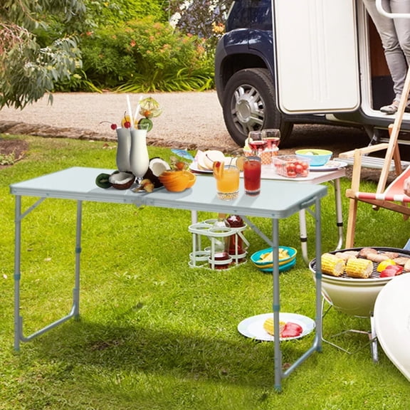 Portable folding table, MDF multi-functional table, easy to clean, durable and waterproof, stain-resistant, with handles, adjustable height, suitable for outdoor camping