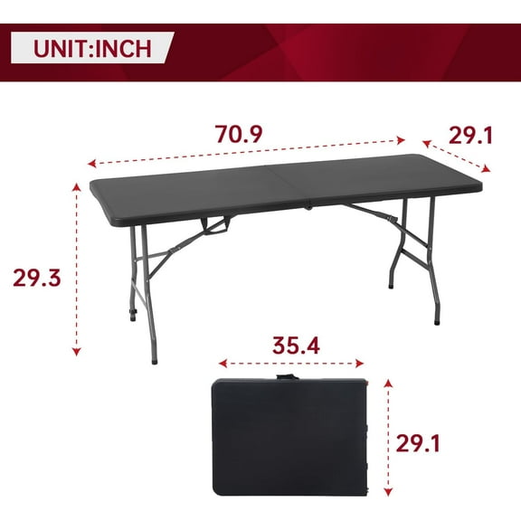 Portable folding table, plastic folding table 6 feet, suitable for parties, weddings, barbecues, camping, white 6 feet