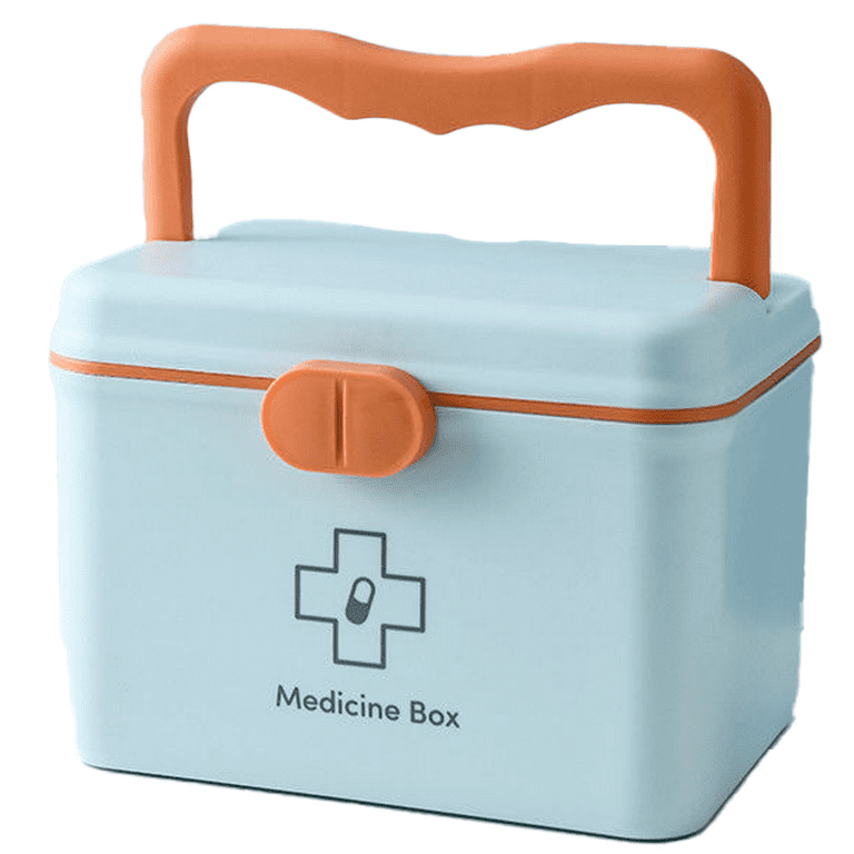 Portable handled medicine first aid box plastic medicine basic organizer  holder. Family small safety emergency medical storage box kit travel, car,  home, camping, office, vehicle - Blue 