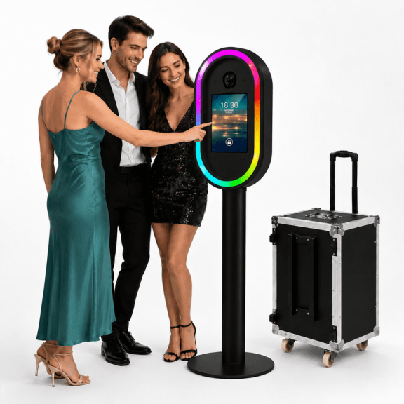 Portable iPad Photo Booth Machine with RGB Ring Light, Selfie Photo Booth Station with Flight Case for Wedding, Birthday, Party, Event Rental Business