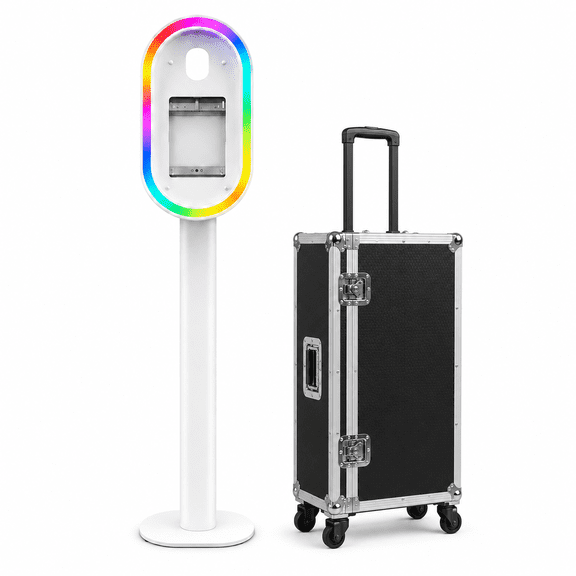 Portable iPad Photo Booth Machine with RGB Ring Light, Selfie Photo Booth Station with Flight Case for Wedding, Birthday, Party, Event Rental Business
