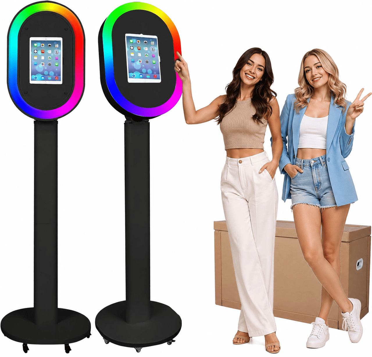 Portable iPad Photo Booth Stand with RGB Ring Light - Compatible with 10.2" to 13" iPad Pro/Air, Party Selfie Station for Weddings & Corporate Events (Black/Flight Case)​