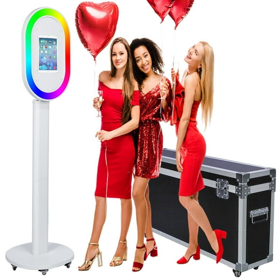 Portable iPad Photo Booth Stand with RGB Ring Light - Compatible with 10.2" to 13" iPad Pro/Air, Party Selfie Station for Weddings & Corporate Events (White/Flight Case)​