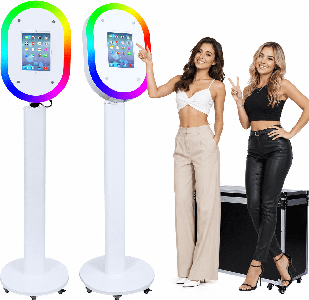 Portable iPad Photo Booth Stand with RGB Ring Light - Compatible with 10.2" to 13" iPad Pro/Air, Party Selfie Station for Weddings & Corporate Events (White/Flight Case)​