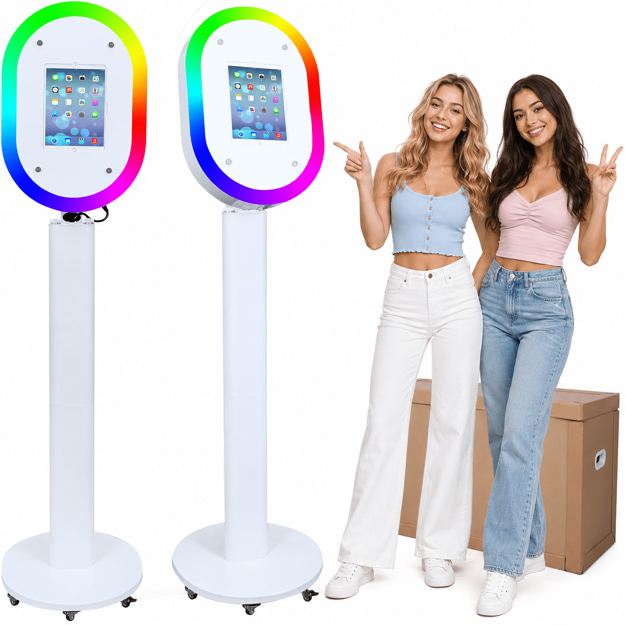 Portable iPad Photo Booth Stand with RGB Ring Light - Compatible with 10.2" to 13" iPad Pro/Air, Party Selfie Station for Weddings & Corporate Events (White)​