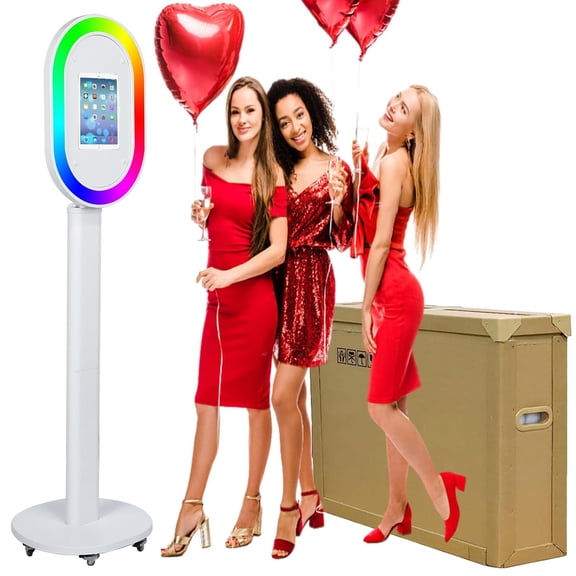 Portable iPad Photo Booth Stand with RGB Ring Light - Compatible with 10.2" to 13" iPad Pro/Air, Party Selfie Station for Weddings & Corporate Events (White)