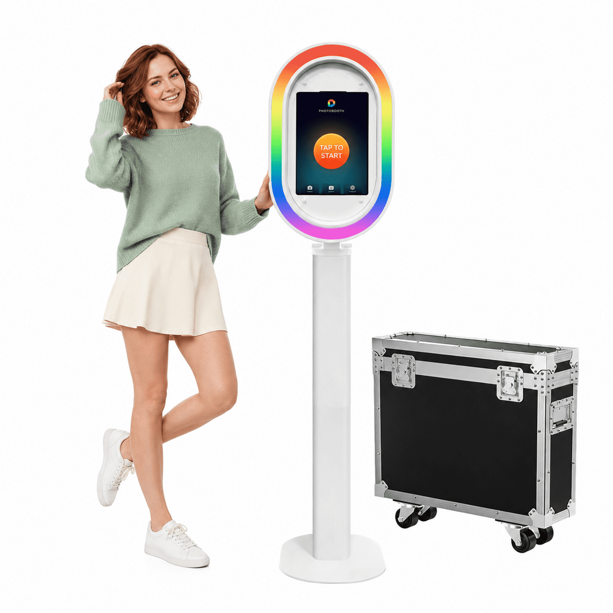 Portable iPad photo booth with flight case, metal selfie stand, and RGB ring light, perfect for parties, weddings, and rental businesses - compatible with 10.2-inch to 13-inch iPads.