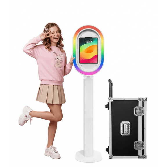 Portable iPad photo booth with flight case, metal selfie stand, and RGB ring light, perfect for parties, weddings, and rental businesses - compatible with 10.2-inch to 13-inch iPads.