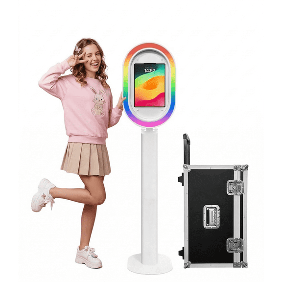 Portable iPad photo booth with flight case, metal selfie stand, and RGB ring light, perfect for parties, weddings, and rental businesses - compatible with 10.2-inch to 13-inch iPads.