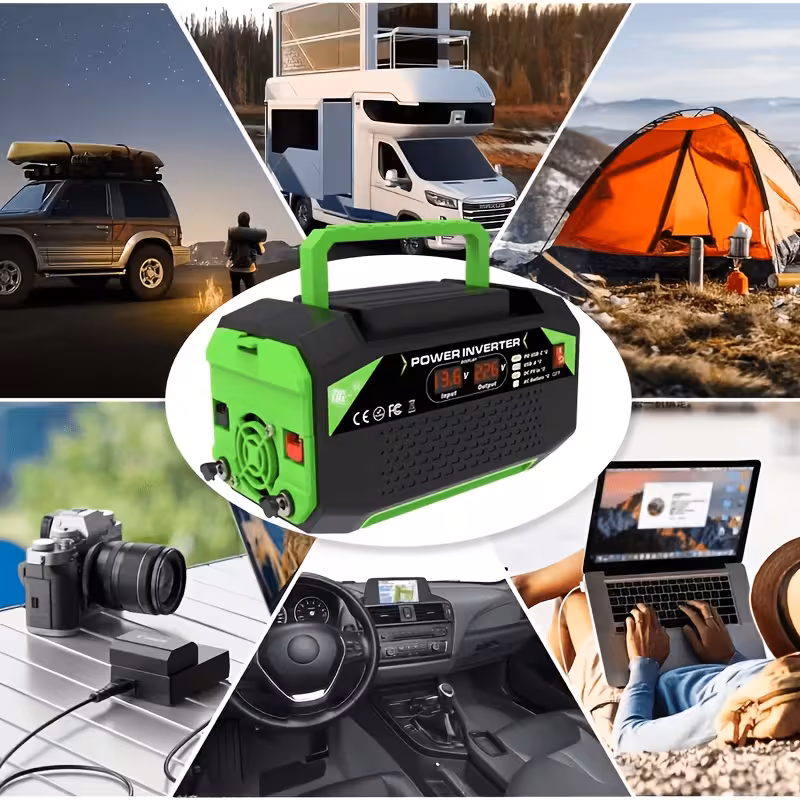 Portable inverter, 12V direct current to 110V AC converter, rugged and durable design, no need for batteries, equipped with LCD display, 2 universal sockets, 2 USB ports, 2 Type-C ports