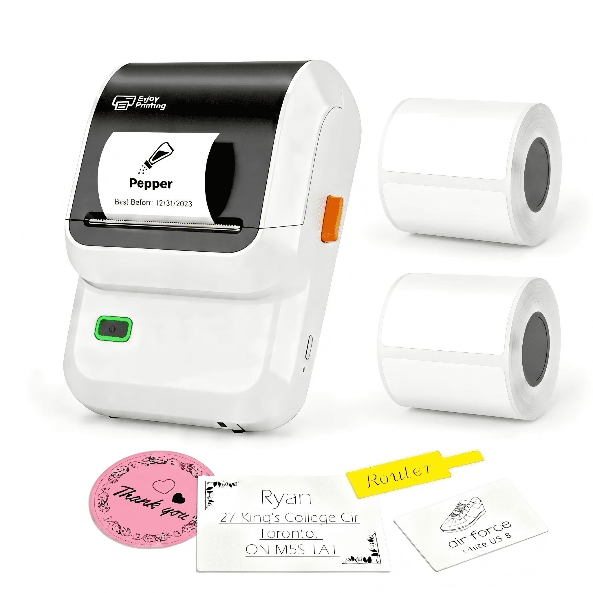 Portable label printer, mini thermal label making machine, wireless ink free sticker printer, suitable for home, office, storage and organization, 1 printer+2 rolls of label paper