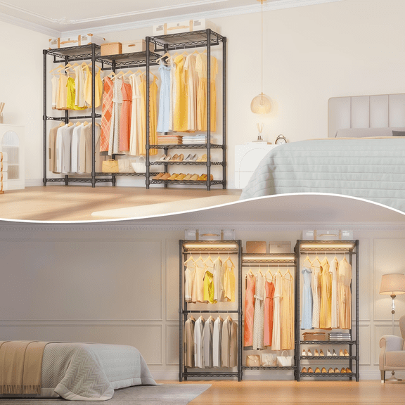 Portable metal wardrobe, independent clothes hanger Equipped with 4 hanging rods and 8 storage shelves Adjustable wardrobe frame Suitable for hanging clothes Maximum load capacity: 900 pounds