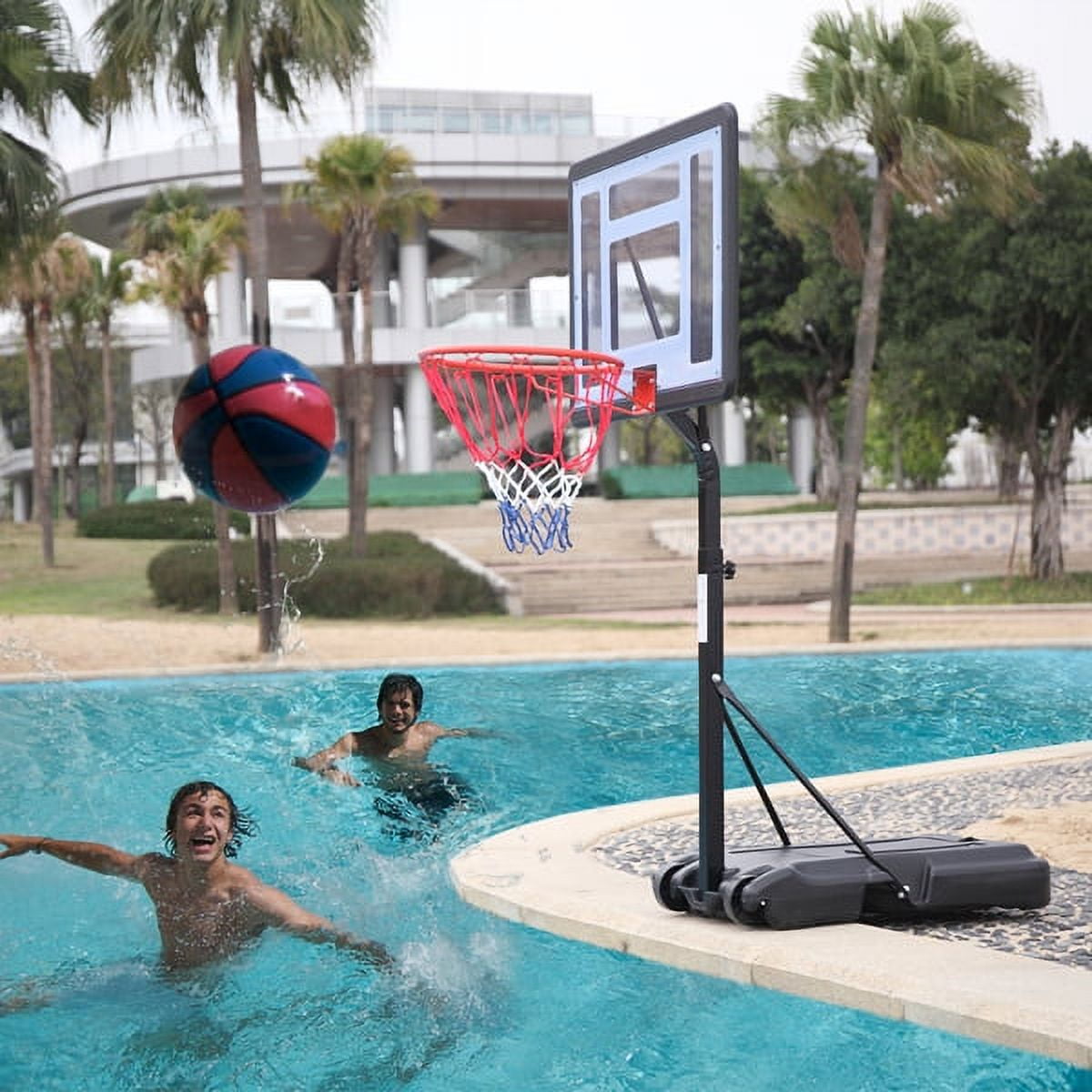 Portable mobile swimming pool PVC transparent backboard basketball stand (basket height adjustment 1.15m-1.35m), can accommodate up to 7 balls, solid base, good stability, easy to assemble