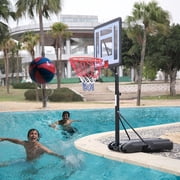 Portable mobile swimming pool PVC transparent backboard basketball stand basket height adjustment 1.15m-1.35m, can accommodate up to 7 balls, solid base, good stability, easy to assemble