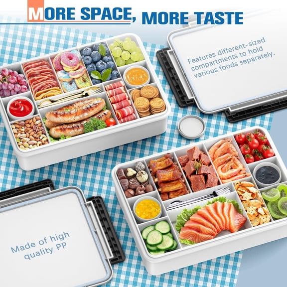 Portable refrigerated snack container with ice pack, divided tray, and lid.