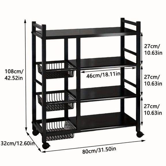 Portable storage rack, adjustable 4-tier kitchen shelf with 3 wire baskets, kitchen organizer and storage, metal shelf with wheels