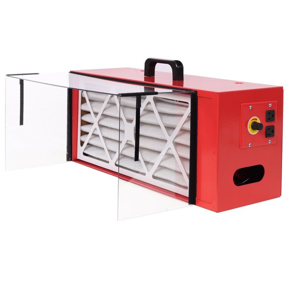Portable tabletop dust collector,Maximum Air Flow 725CFM; Each fan runs on a 110V variable speed motor; Total Running Amps 1.29AMPS, Red color,