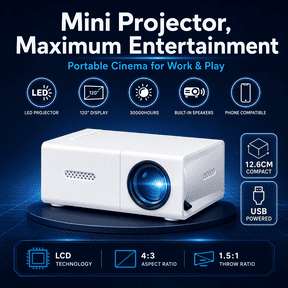 Lakwi Portable Mini Projector, 320 ANSI Lumens 1080P Supported LCD Projector with Built-in Speakers, USB Powered for Home Theater & Outdoor Camping