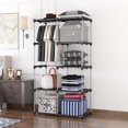 thumbnail image 1 of Portable wardrobe: a black multi-functional metal storage rack or wardrobe/closet, featuring 8 shelves and 1 hanging rod, with a freestanding design and easy to assemble., 1 of 14