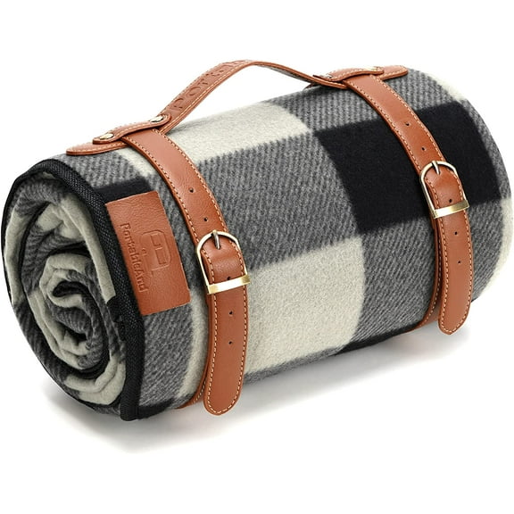 PortableAnd Picnic Blankets, Black and Gray Checkered, 3 Layer Soft Fleece Blanket for Beach,Camping on Grass, Waterproof, Sandproof, Best Gift for Couple & Families, Black and Gray Checkered