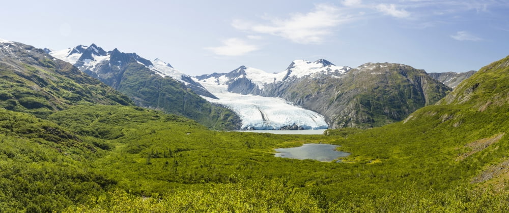 Portage Glacier and Portage Lake with Divide Lake in foreground from Portage Pass in Chugach National Forest in Southcentral Alaska Alaska USA Canvas Art - Panoramic Images (36 x 12)