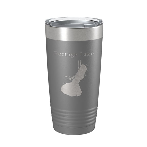 Portage Lake Map Tumbler Travel Mug Insulated Laser Engraved Coffee Cup Huron River Chain of Lakes Michigan 20 oz Dark Gray