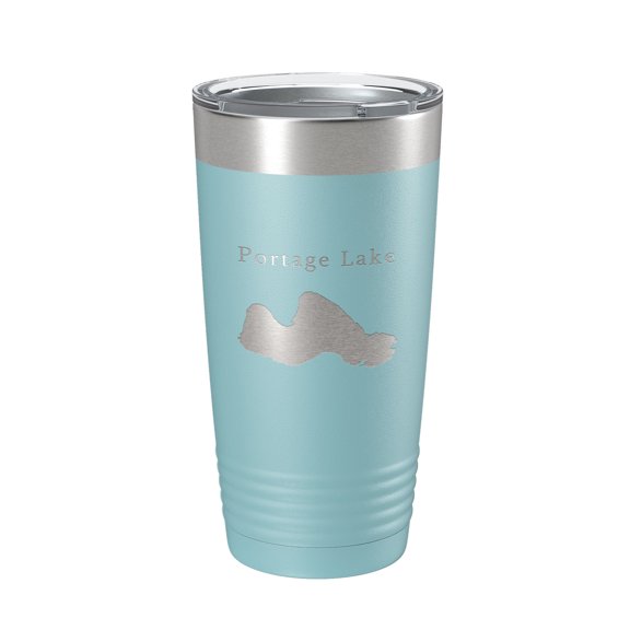 Portage Lake Map Tumbler Travel Mug Insulated Laser Engraved Coffee Cup Manistee County Michigan 20 oz Light Blue