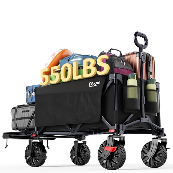 Portal 300L Large Wagons Carts Foldable with Tailgate, 550LB Heavy-Duty Collapsible Beach Wagon with All-Terrain Wheels, Oversized Folding Wagon for Camping, Sports, and Pets， Black
